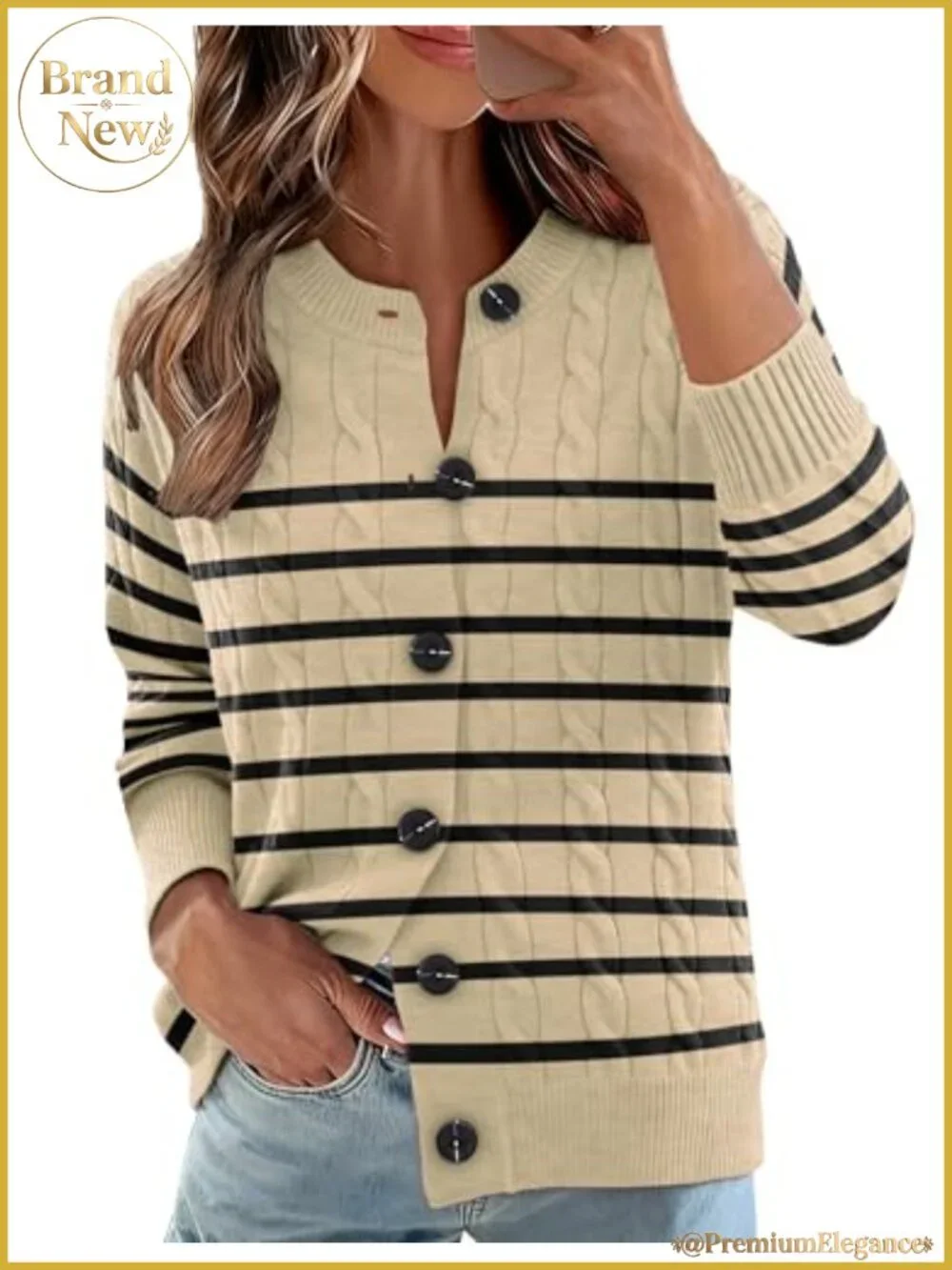 Women's Cable Knit Cardigan Long Sleeve Crewneck Button Down Sweater